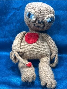 Vintage Hand Crocheted Sewn 14” E.T. Plush Doll Red Heart and Long Finger Tip